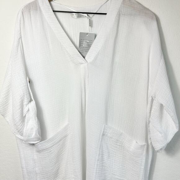 SEAFOLLY WOMEN'S V-NECK COVER UP DRESS WITH ROLL SLEEVES SIZE SMALL WHITE NWT - Picture 2 of 6